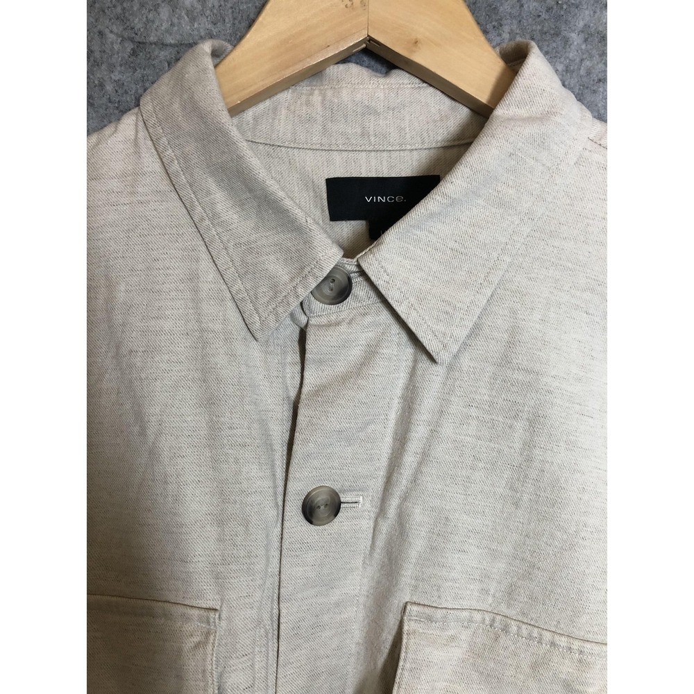 Vince Shirt Mens Large Beige Button Up Long Sleeve Cotton Linen Blend Pocket